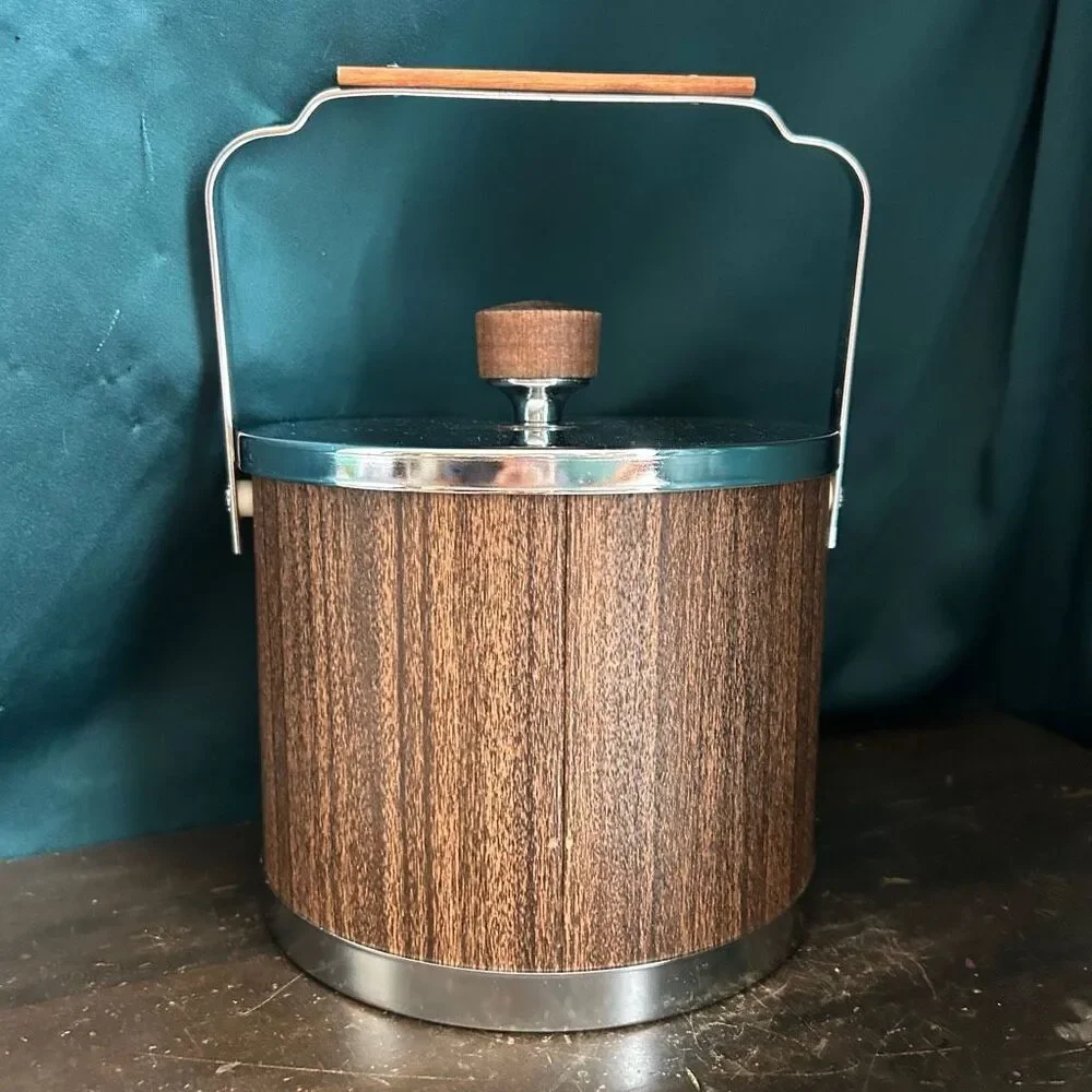 Mid-Century Atapco USA Chrome Woodgrain Ice Bucket